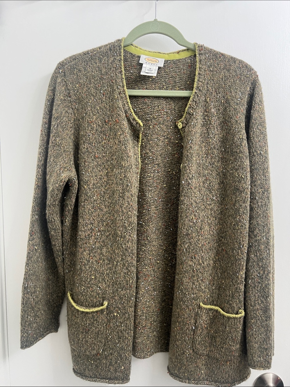 Talbots Olive Tweed Open-Front Cardigan with Lime Trim